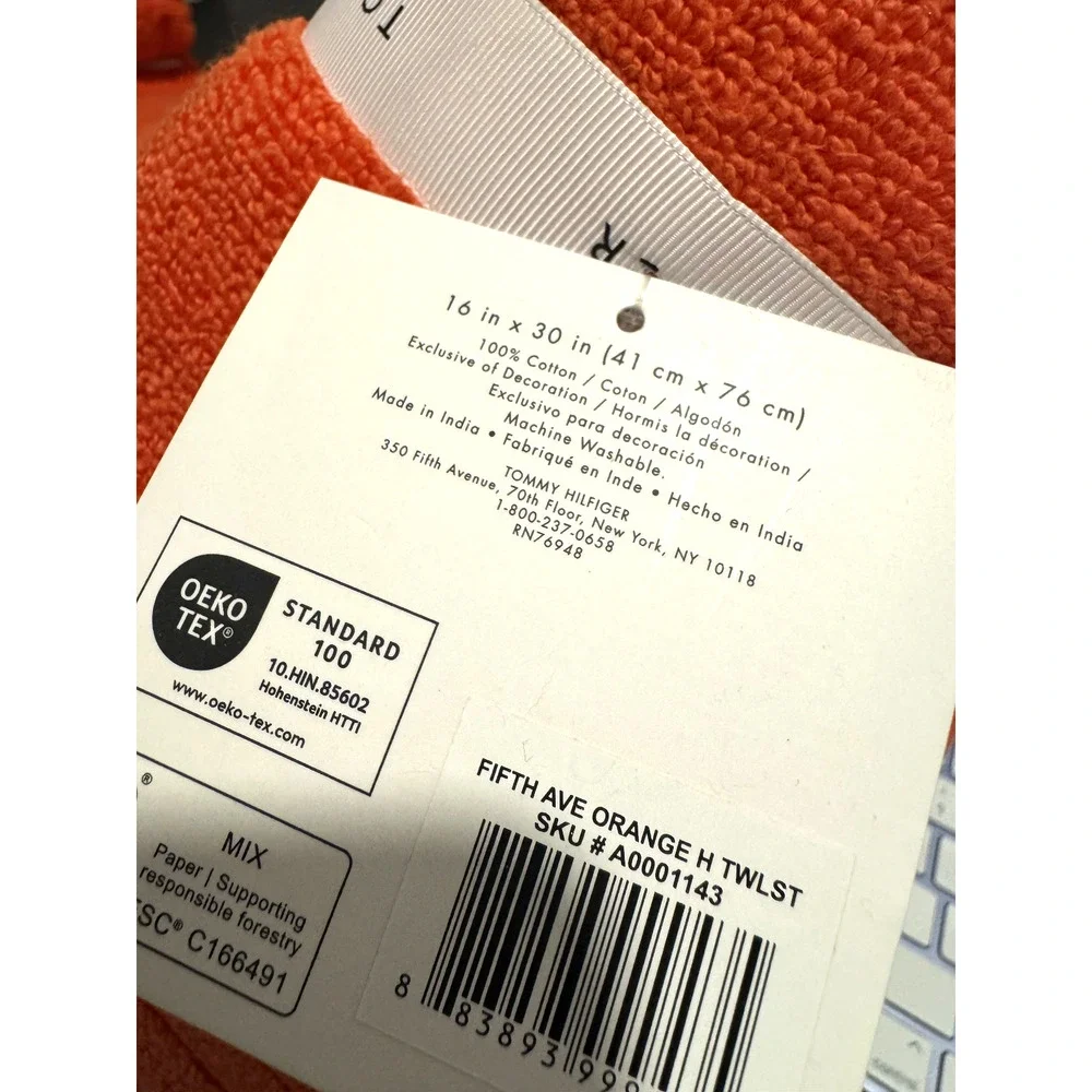 NWT Tommy Hilfiger 2 Piece Hand Towels Absorbent Cotton Orange Twist 16in X 30in